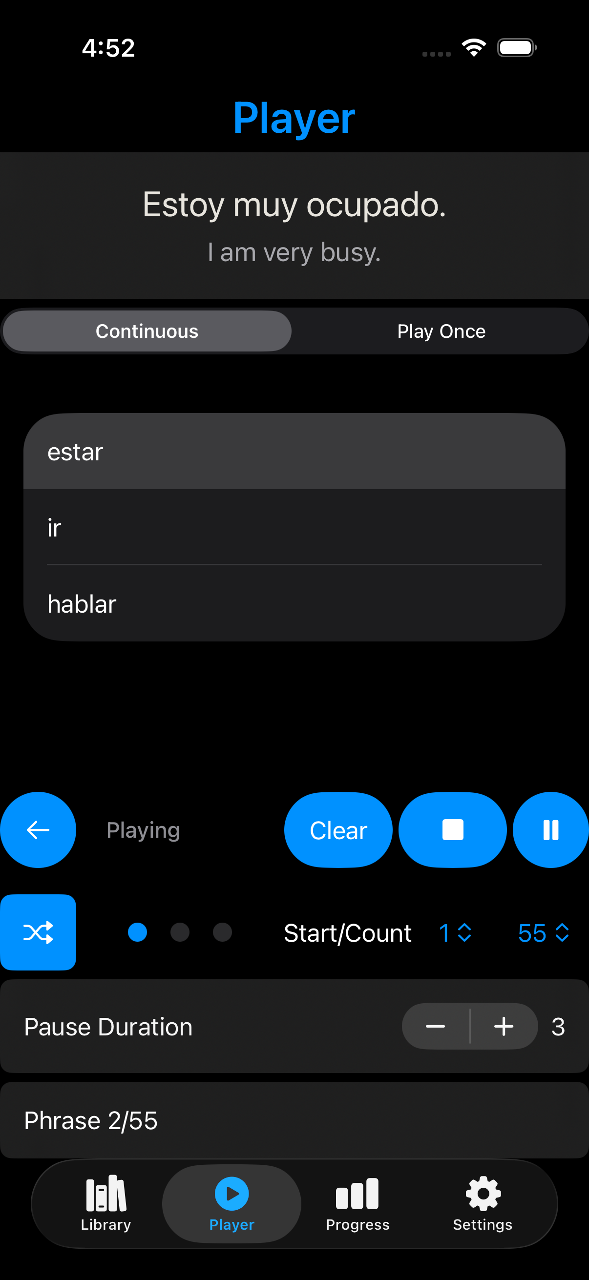Player page in the Hear&Repeat app