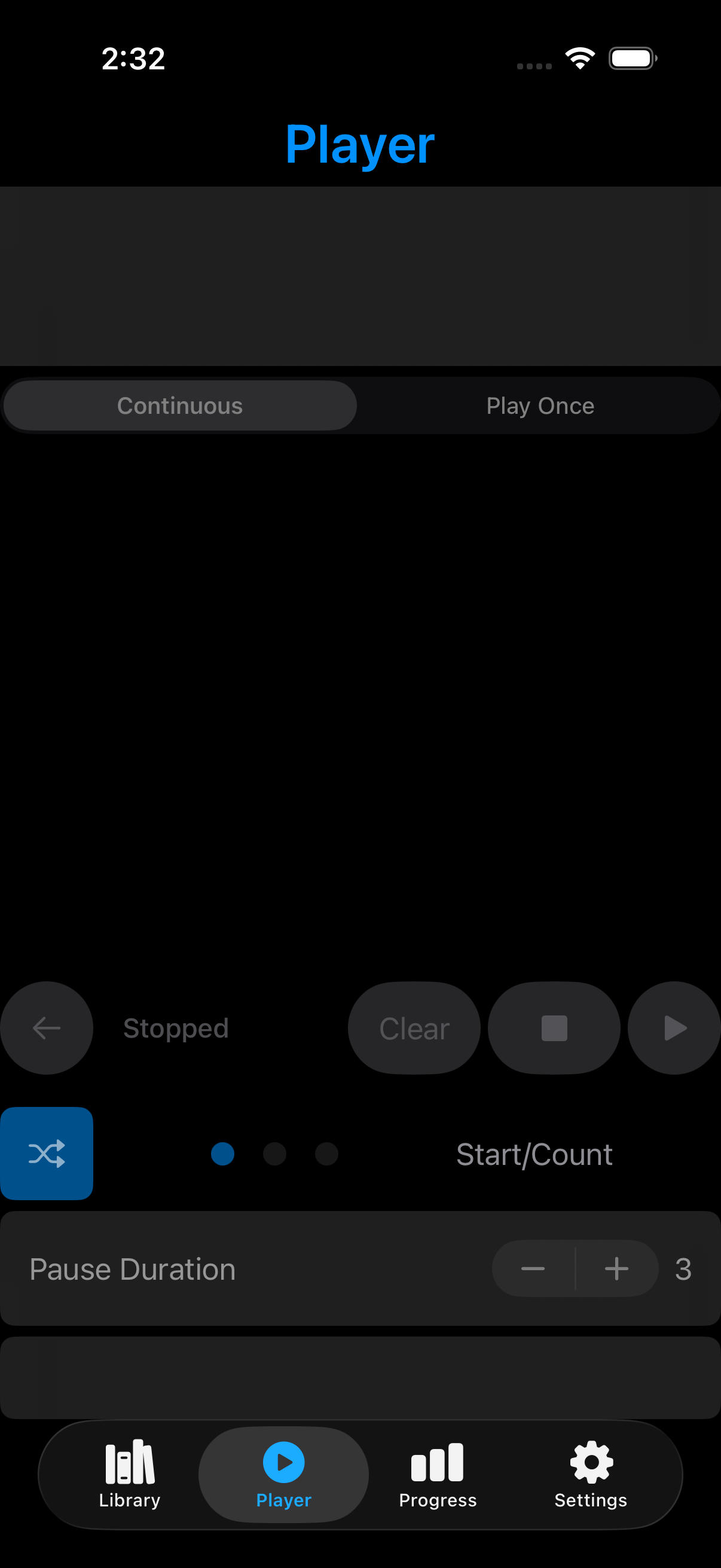 Disabled Player Page with an empty playlist