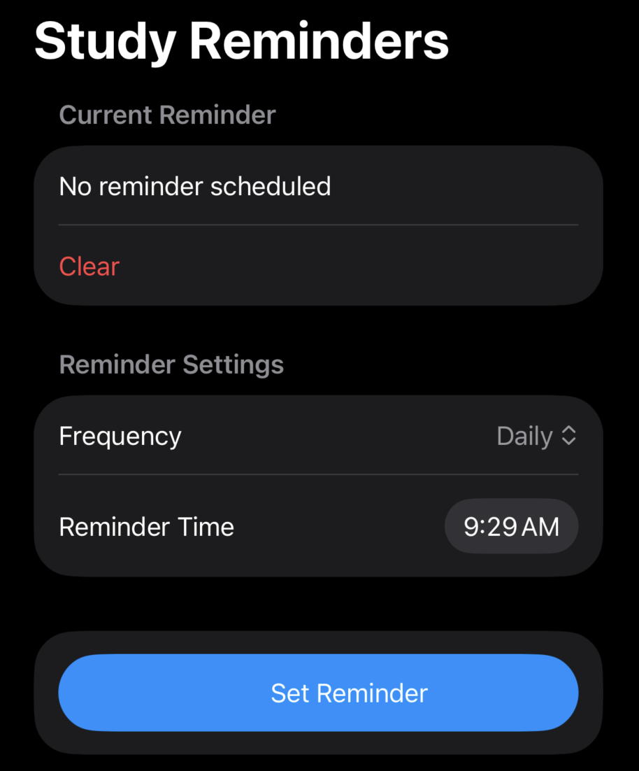 Study Reminder frequency, days, and time settings